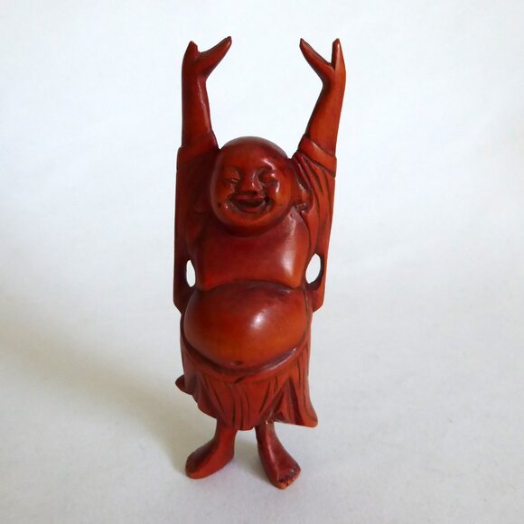 VINTAGE 4” HAND CARVED WOOD LAUGHING BUDDHA HOTEI BUDAI FIGURE (PRE-OWNED) - Picture 2 of 8